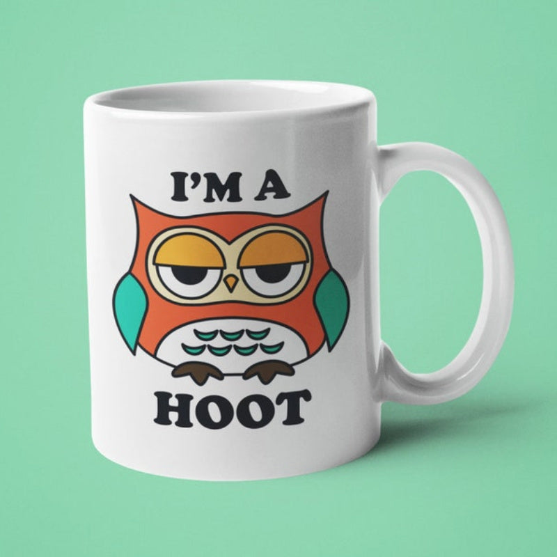 Tailorly White Ceramic 11 oz Mug - Im A Hoot Cartoon Bird Featuring Sleepy Eyes With Red And Teal Colored Feathers Resting Owl