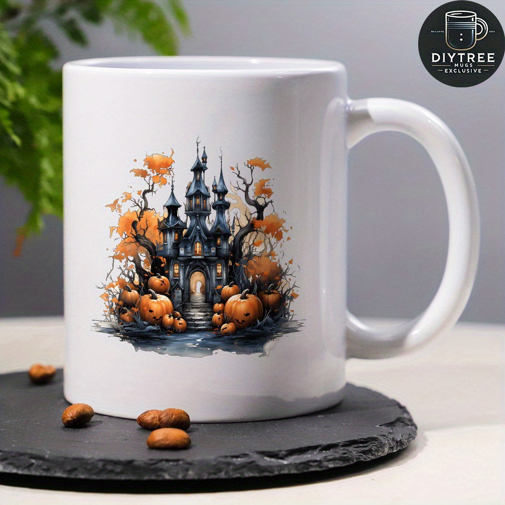 Tailorly White Ceramic 11 oz Mug - Eerie Gothic Spire Spooky Architecture Surrounded By Carved Orange Pumpkins Castle