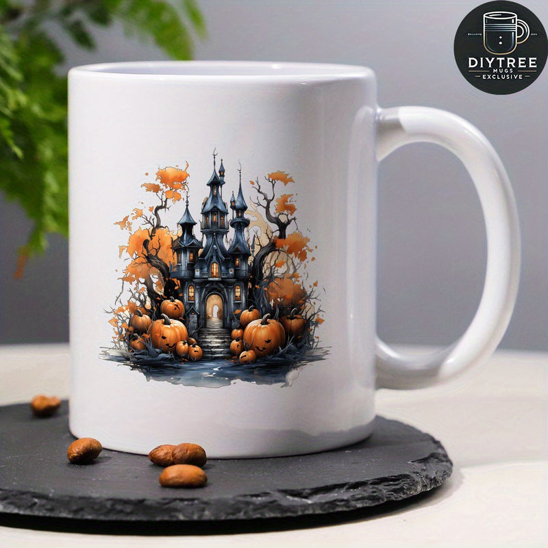 Tailorly White Ceramic 11 oz Mug - Eerie Gothic Spire Spooky Architecture Surrounded By Carved Orange Pumpkins Castle