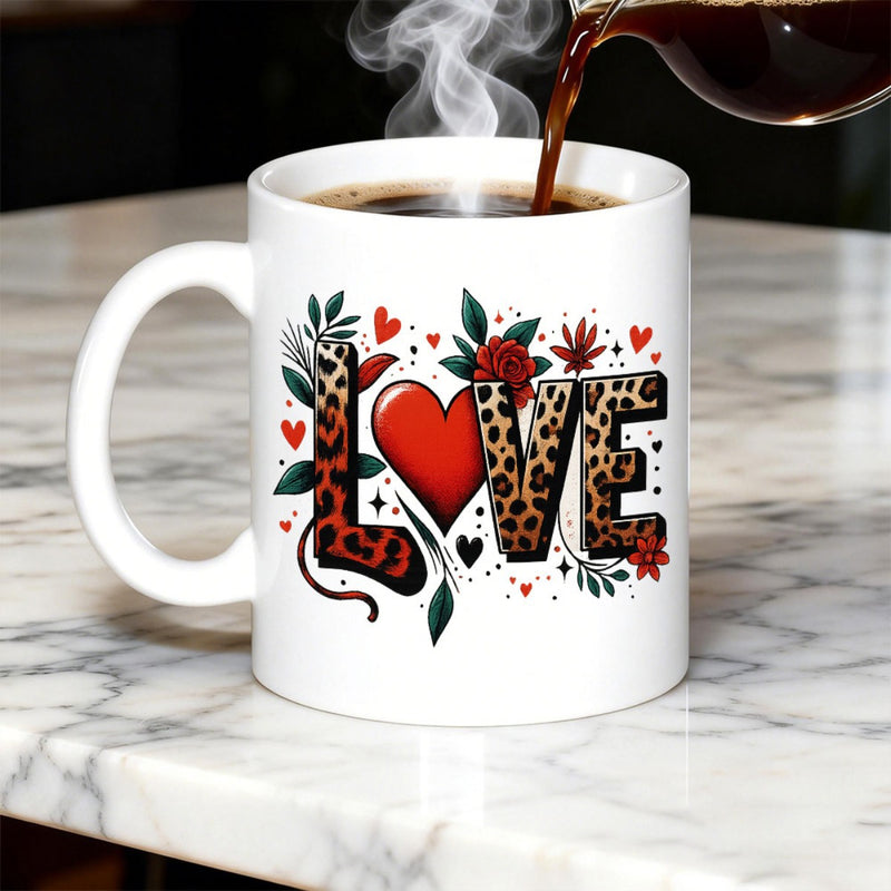 Tailorly White Ceramic 11 oz Mug - Love Leopard Print Text Decorated With Floral Elements And Tiny Red Heart