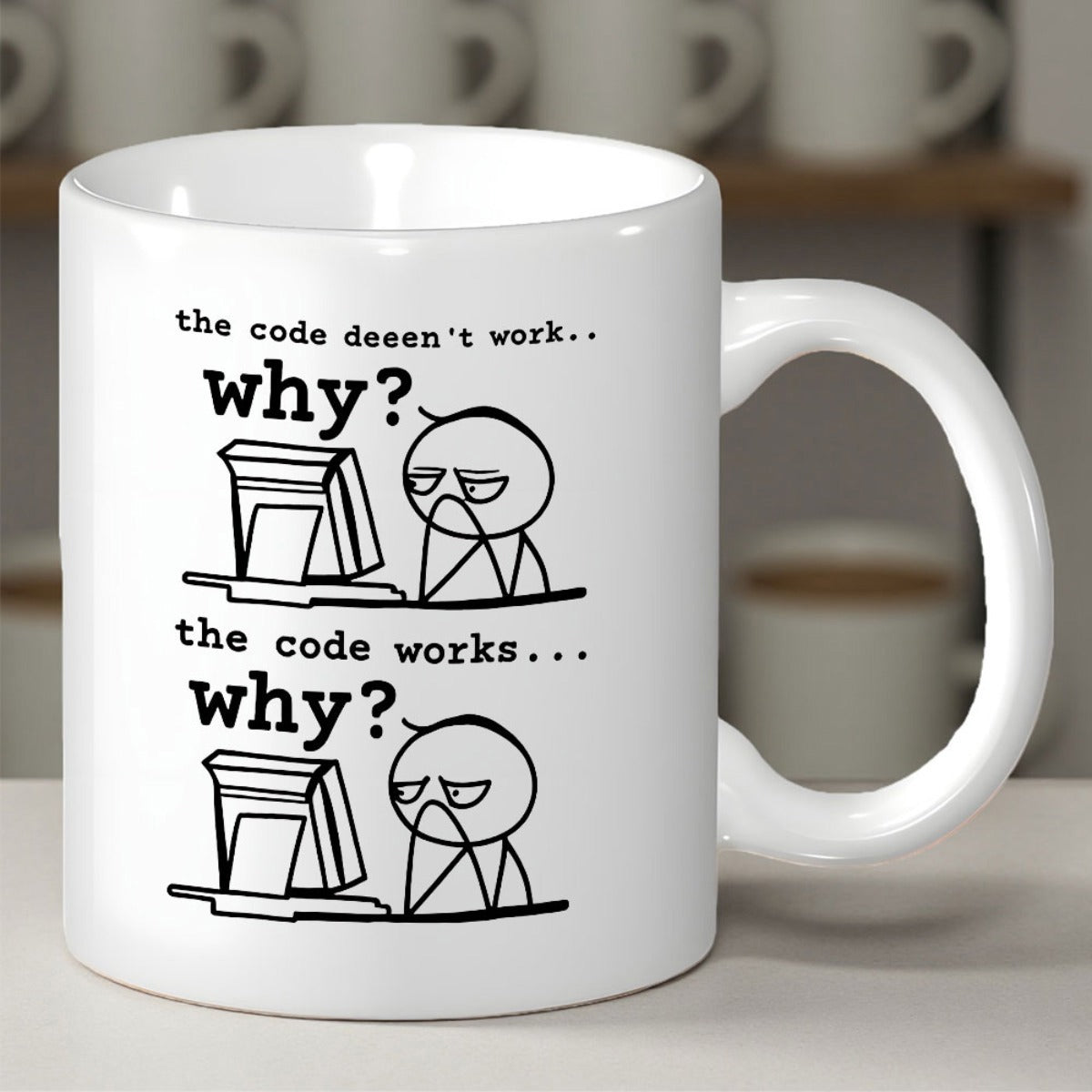 Tailorly White Ceramic 11 oz Mug - The Code Doesnt Work Why The Code Works Why Staring Intently At A Retro Desktop Computer Monitor Programmer