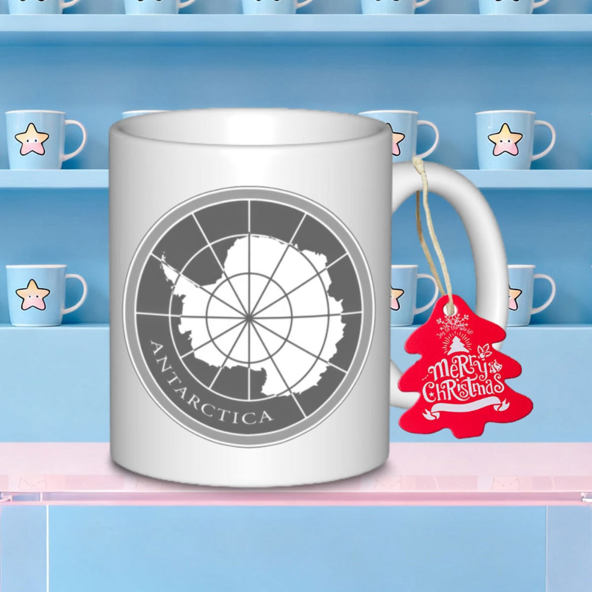 Tailorly White Ceramic 11 oz Mug - Antarctica Merry Christmas Circular Emblem Featuring White Polar Map And Gray Grid Lines Mug