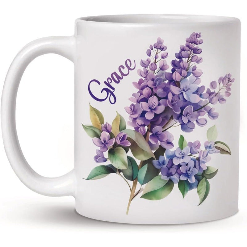 Tailorly White Ceramic 11 oz Mug - Grace Vibrant Purple Lilac Blooms Nestled Among Lush Green Leaves Flower