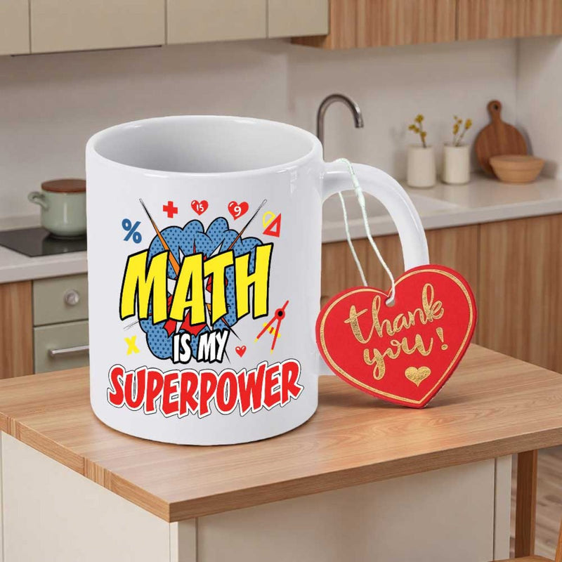 Tailorly White Ceramic 11 oz Mug - Math Is My Superpower Thank You Comic Style Brain Surrounded By Mathematical Symbols On Mug