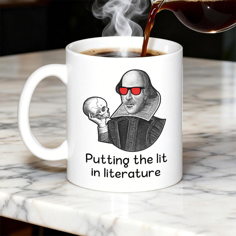Tailorly White Ceramic 11 oz Mug - Putting The Lit In Literature Iconic Poet Wearing Red Sunglasses While Holding A Classic Human Skull Shakespeare
