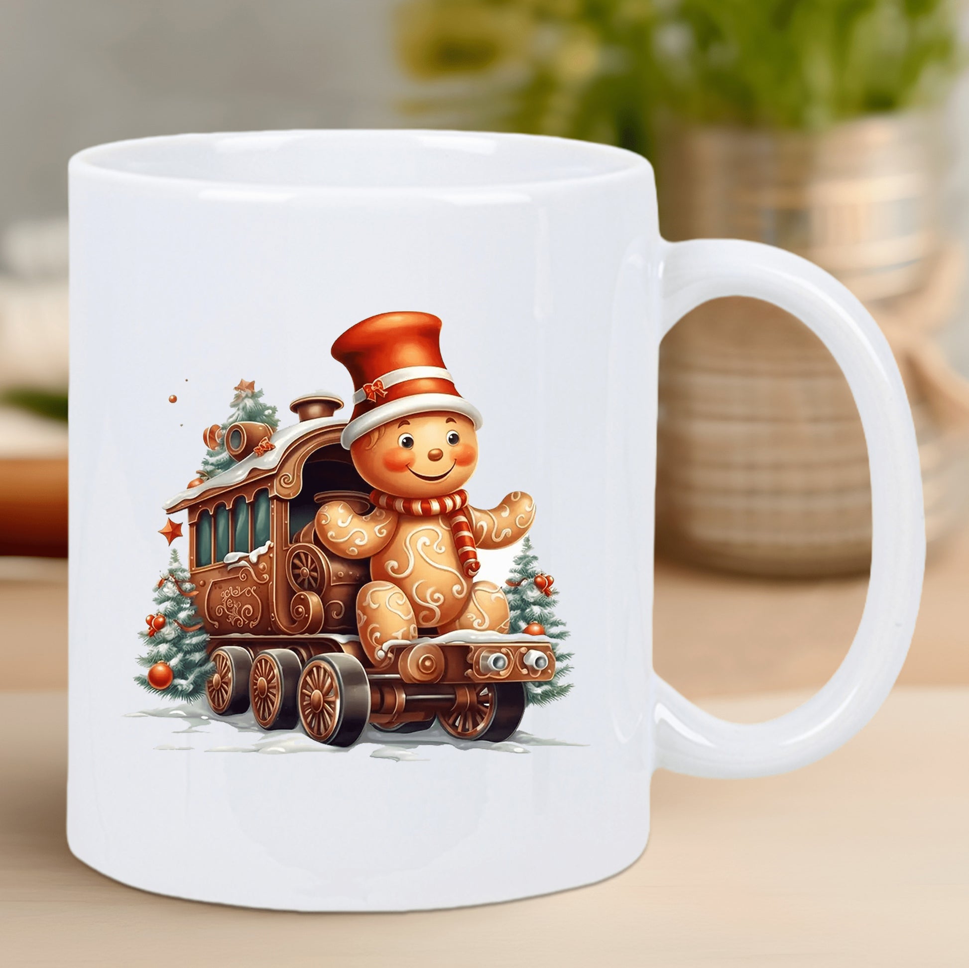 Tailorly White Ceramic 11 oz Mug - Joyful Gingerbread Man Character Riding A Decorated Snowy Winter Holiday Train