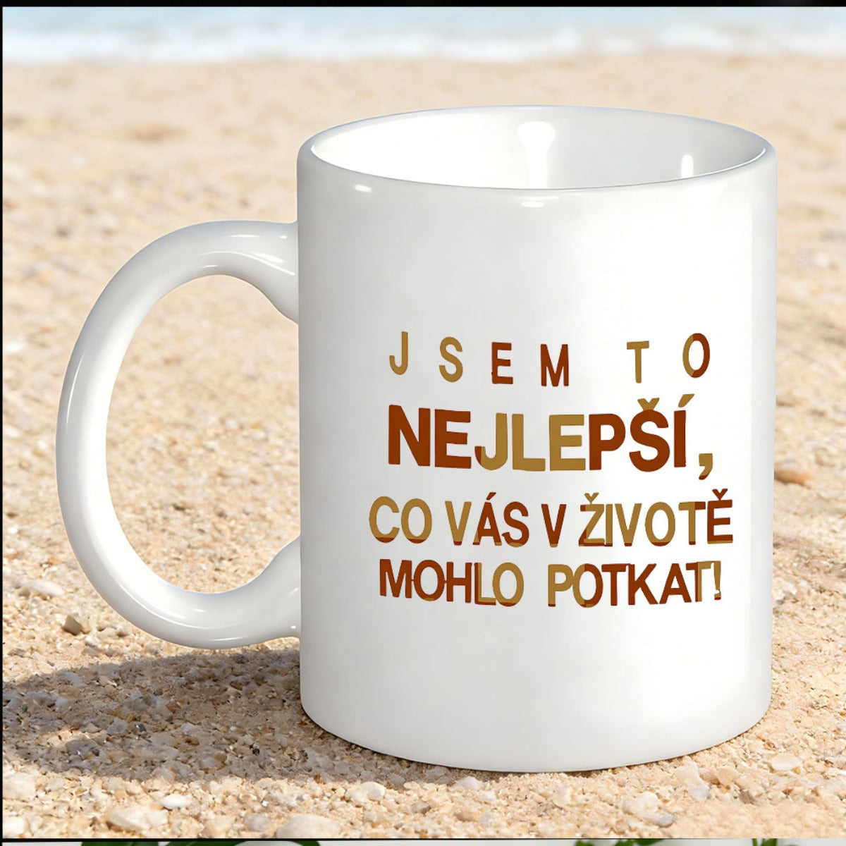 Tailorly White Ceramic 11 oz Mug - Minimalist White Ceramic Coffee Cup Sitting On Warm Sandy Beach Surface Mug