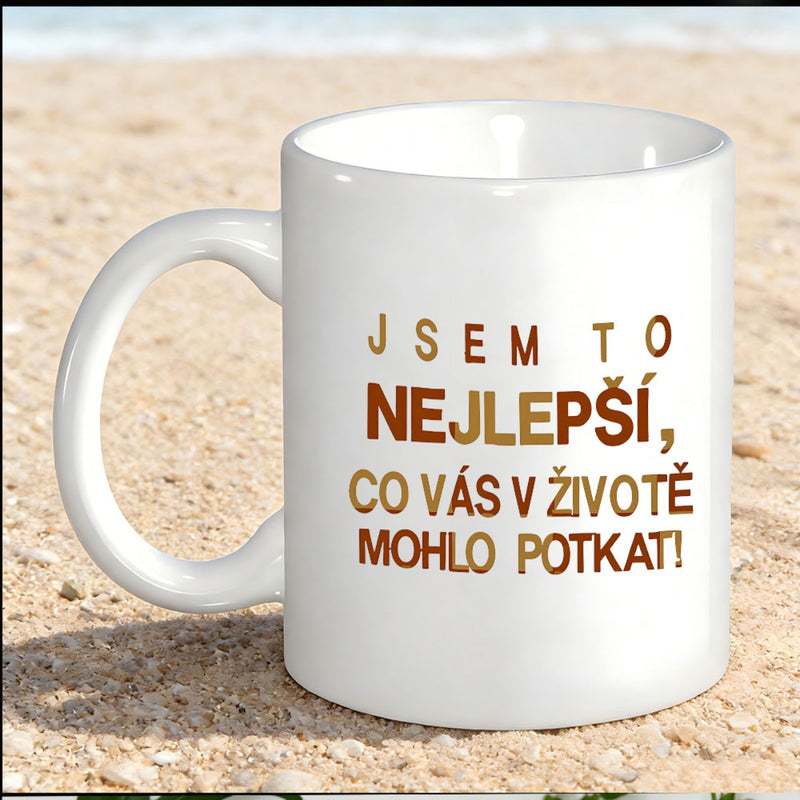 Tailorly White Ceramic 11 oz Mug - Minimalist White Ceramic Coffee Cup Sitting On Warm Sandy Beach Surface Mug