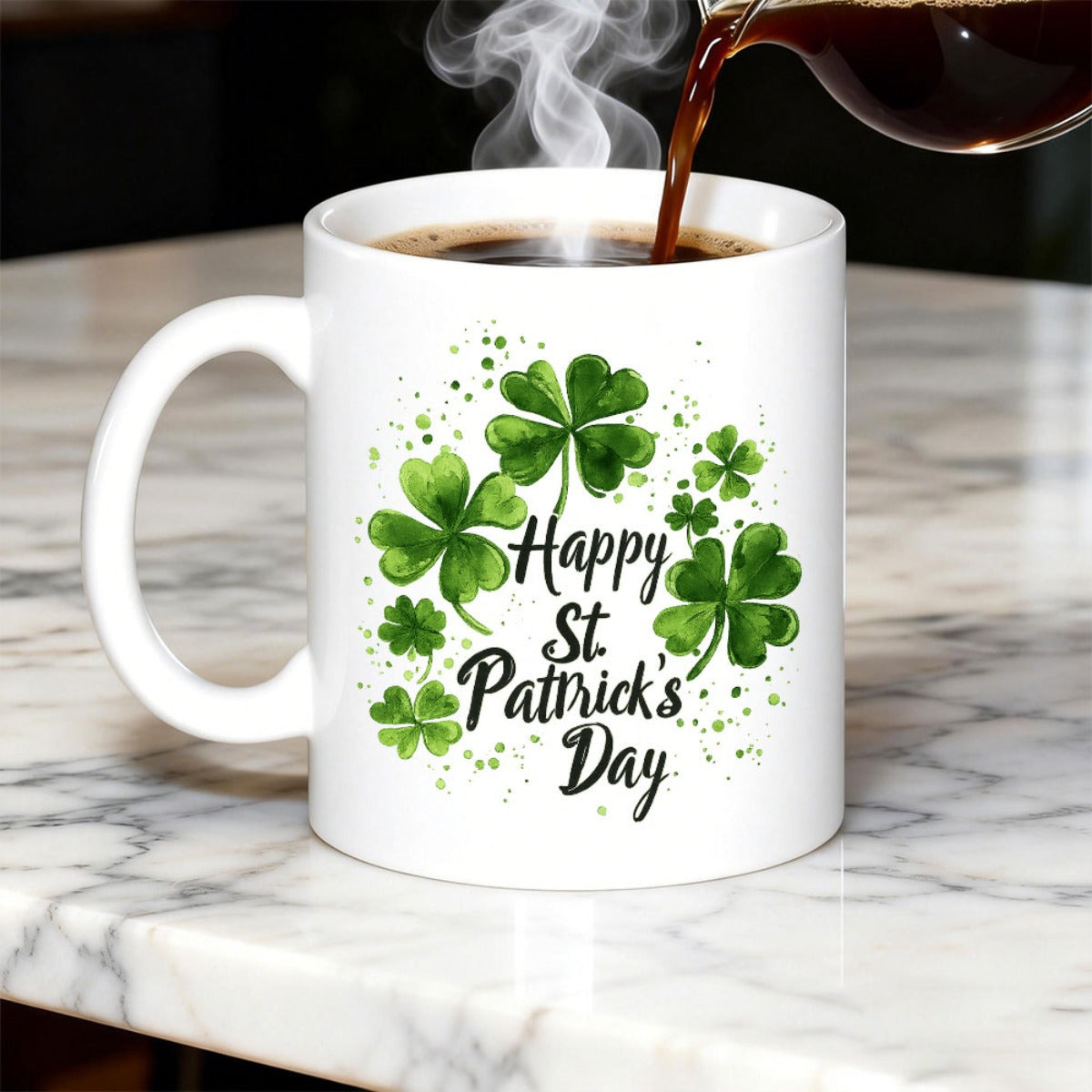 Tailorly White Ceramic 11 oz Mug - Happy St Patricks Day Vibrant Green Watercolor Clover Leaves With Artistic Paint Splatters And Delicate Details Mug