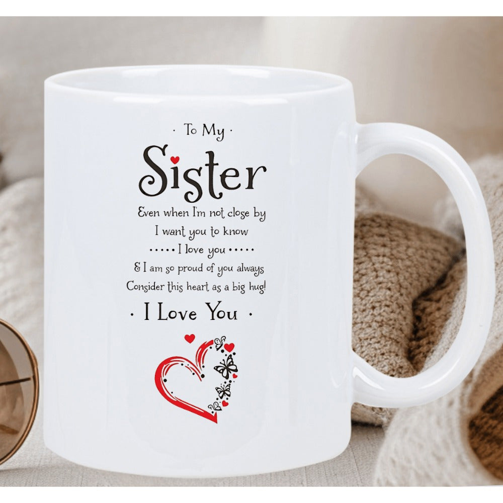 Tailorly White Ceramic 11 oz Mug - To My Sister I Love You Artistic Hand Painted Red Heart With Delicate Swirls And Floral Details Heart