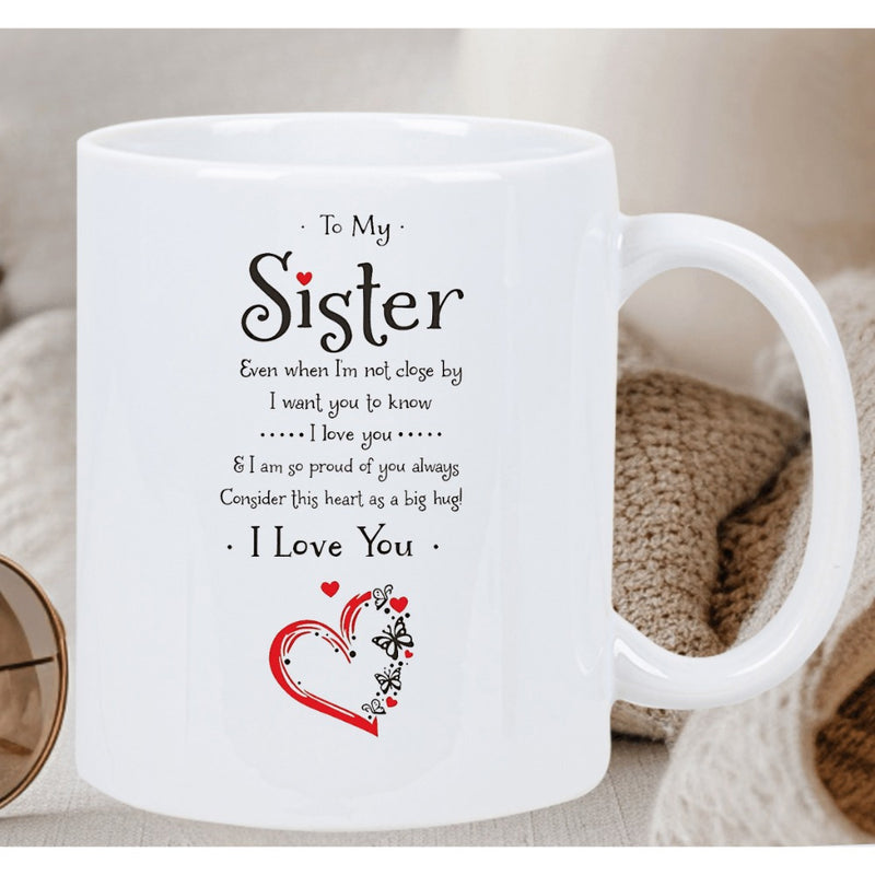 Tailorly White Ceramic 11 oz Mug - To My Sister I Love You Artistic Hand Painted Red Heart With Delicate Swirls And Floral Details Heart