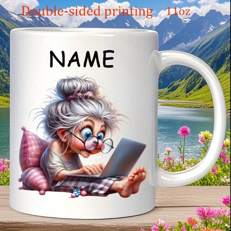 Tailorly White Ceramic 11 oz Mug - Name Whimsical Elderly Lady Using Laptop While Resting Against Pink Pillow Grandmother