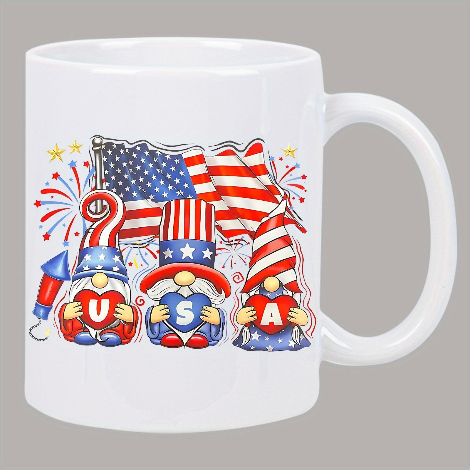 Tailorly White Ceramic 11 oz Mug - USA Three Patriotic Friends Featuring American Flag Under Sparking Vibrant Fireworks Gnome