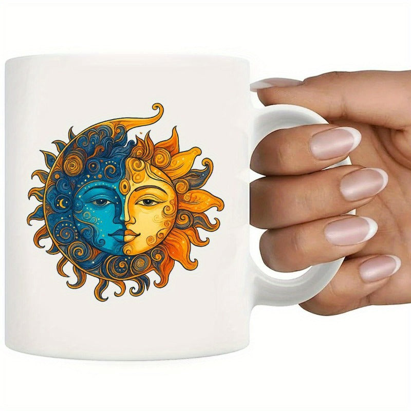 Tailorly White Ceramic 11 oz Mug - Intricate Swirling Patterns Featuring A Vibrant Blue Crescent Moon And Sun Celestial Sun Moon