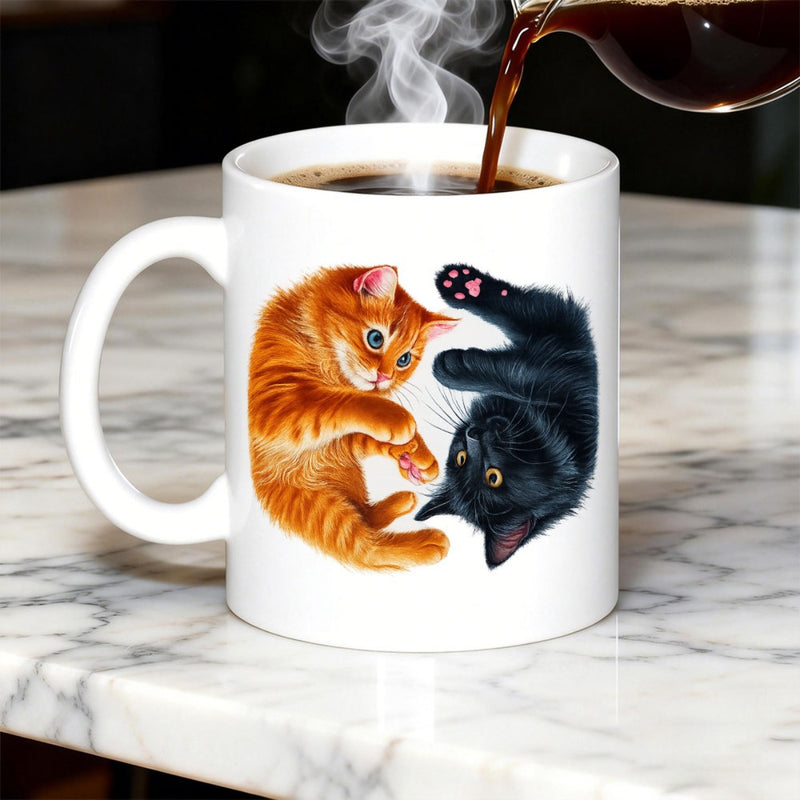 Tailorly White Ceramic 11 oz Mug - Adorable Playful Ginger And Black Feline Friends In Harmonious Circular Motion Cat