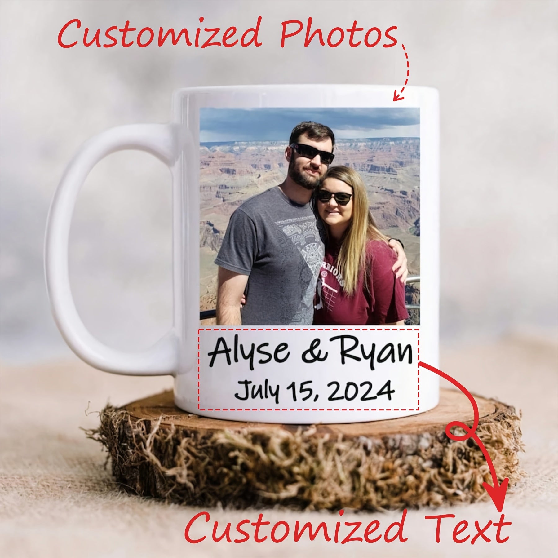 Tailorly White Ceramic 11 oz Mug - Alyse Ryan July 15 2024 Happy Couple Wearing Sunglasses Standing Before A Scenic Desert Landscape Portrait