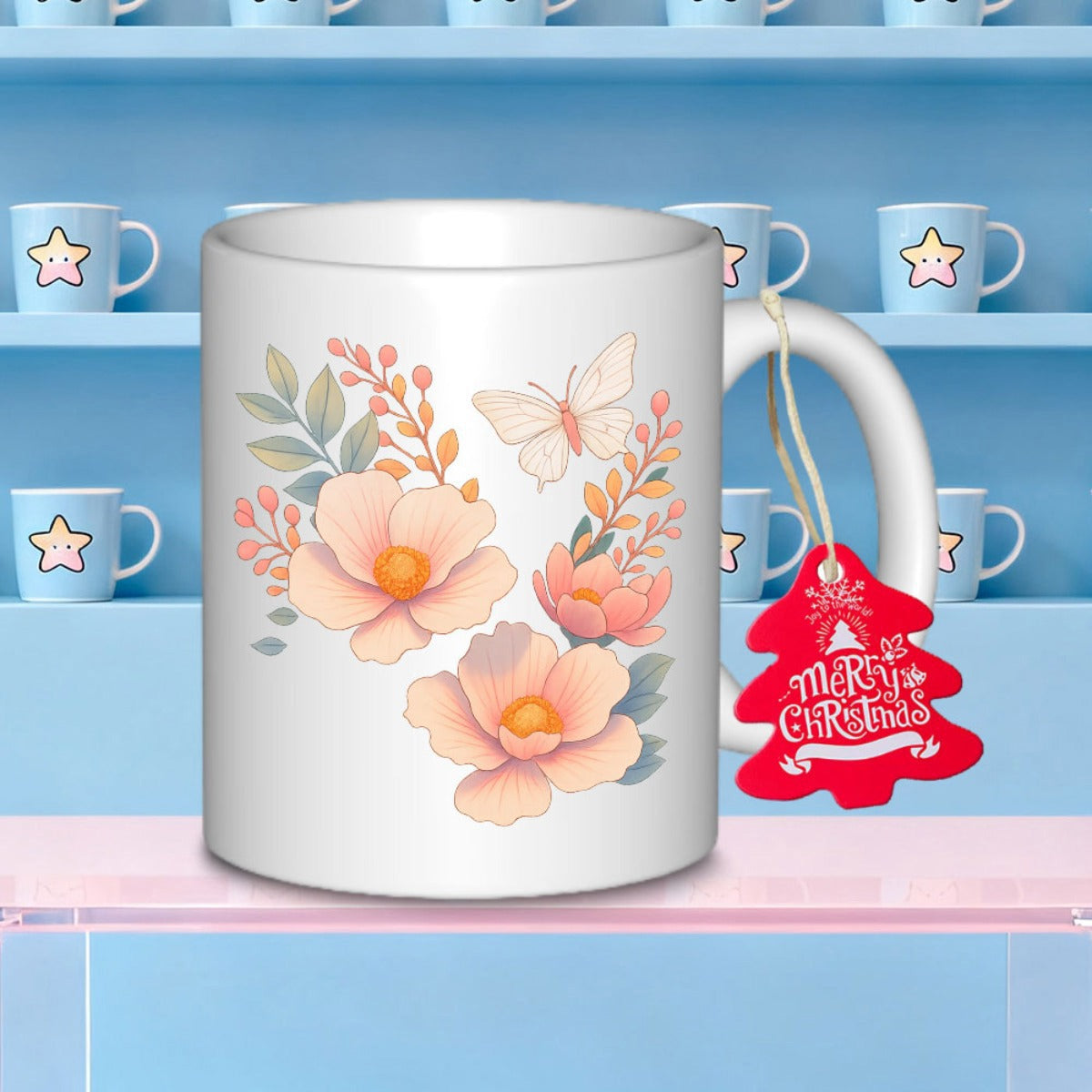 Tailorly White Ceramic 11 oz Mug - Merry Christmas Soft Peach Blossoms With Delicate Butterfly Among Graceful Greenery Flower