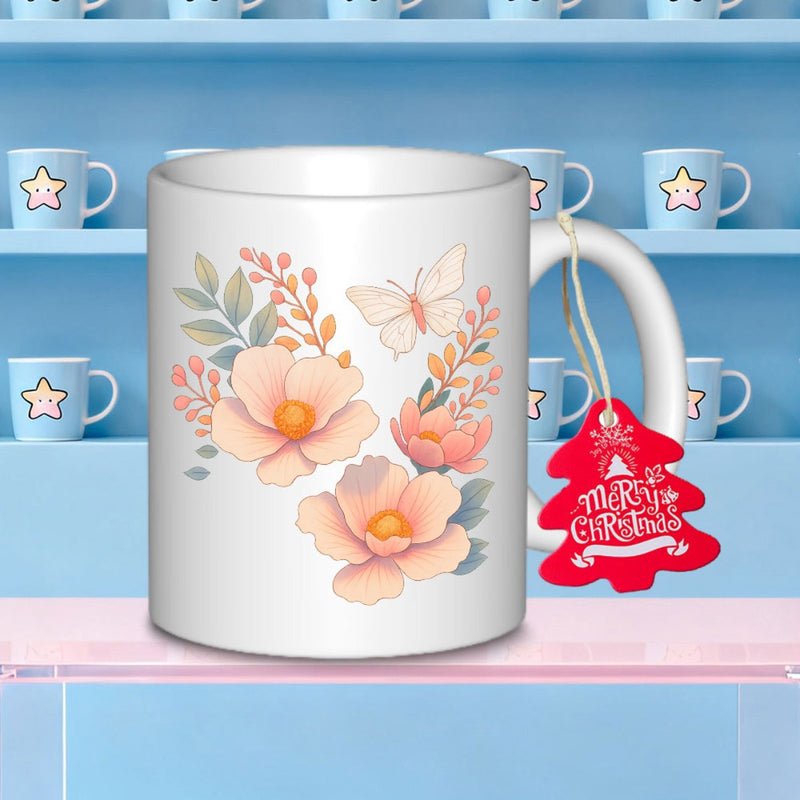 Tailorly White Ceramic 11 oz Mug - Merry Christmas Soft Peach Blossoms With Delicate Butterfly Among Graceful Greenery Flower