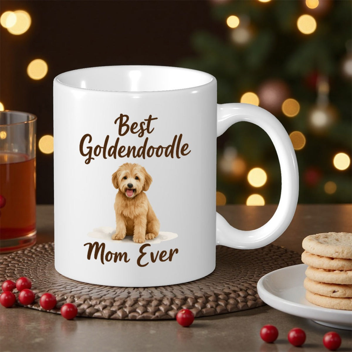Tailorly White Ceramic 11 oz Mug - Best Goldendoodle Mom Ever Adorable Fluffy Puppy Sitting Quietly Among Soft Festive Lights Goldendoodle