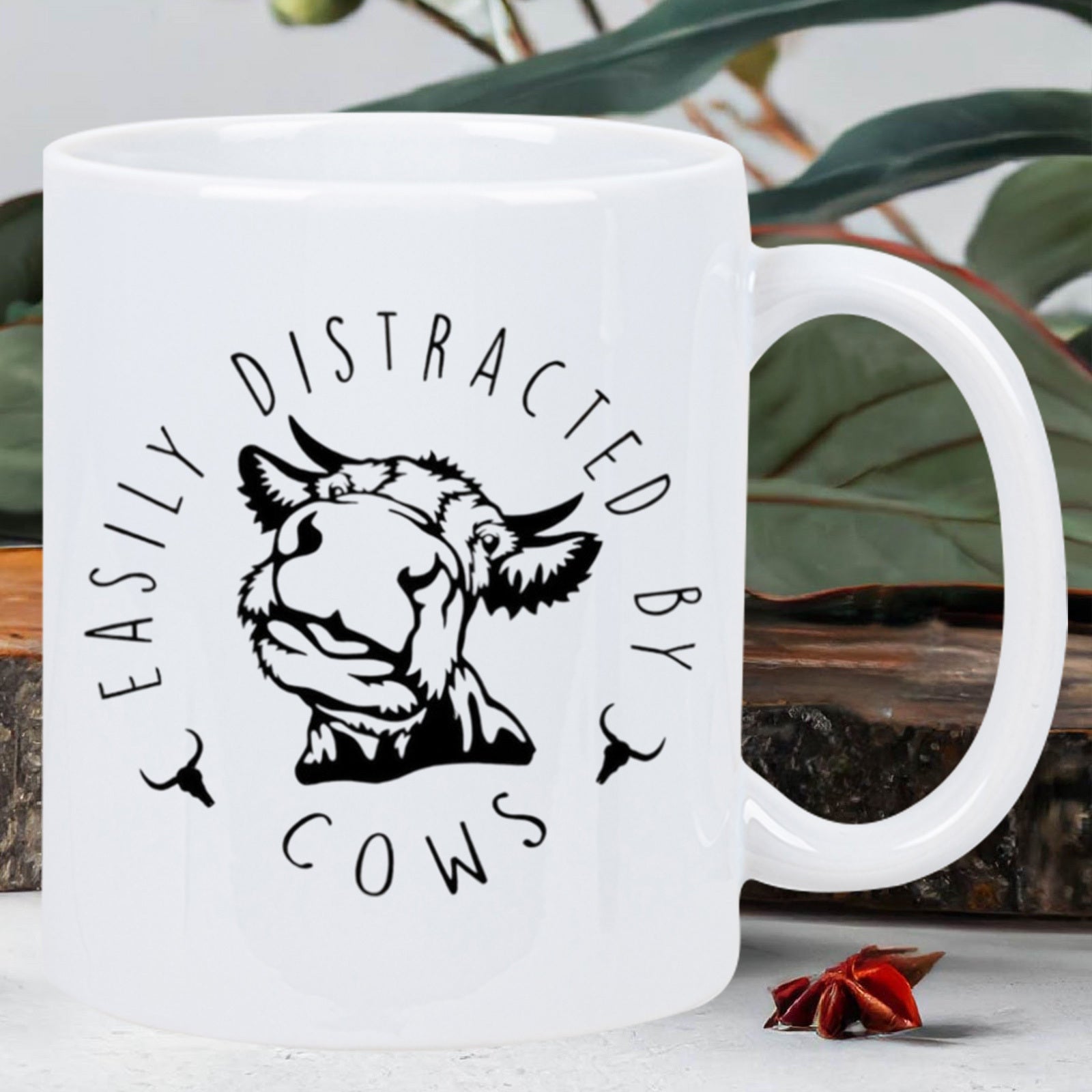Tailorly White Ceramic 11 oz Mug - Easily Distracted By Cows Minimalist Black Ink Line Drawing Of A Farmhouse Style Dairy Cow