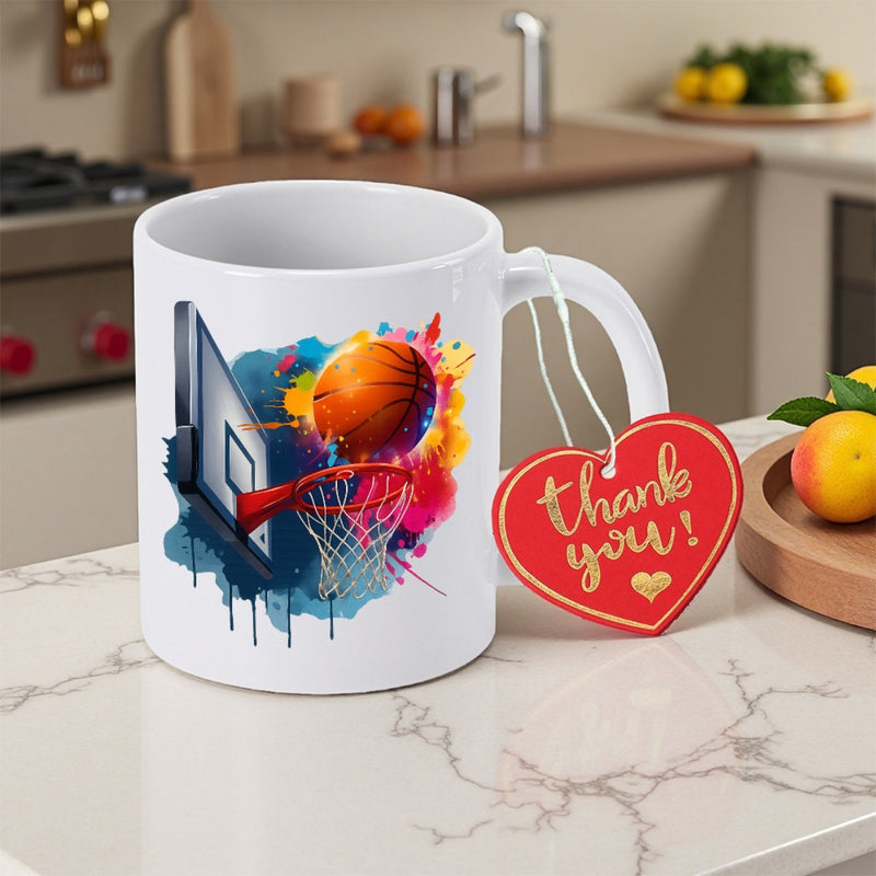 Tailorly White Ceramic 11 oz Mug - Artistic Colorful Paint Splashes Surrounding A Goal Scoring Dynamic Basketball