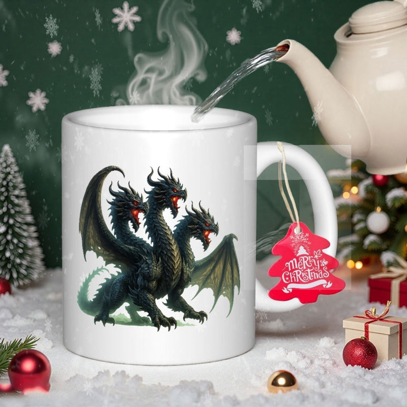 Tailorly White Ceramic 11 oz Mug - Merry Christmas Powerful Three Headed Hydra Standing With Large Majestic Wings Dragon