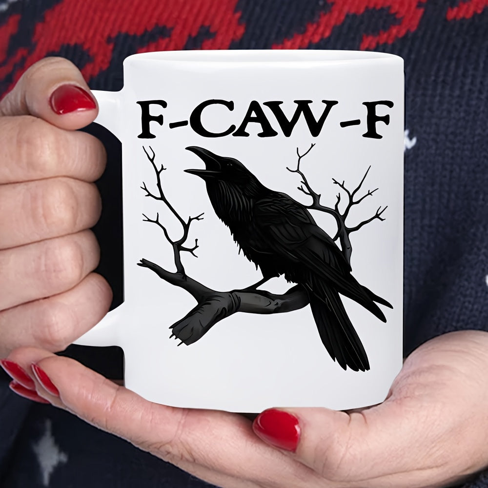Tailorly White Ceramic 11 oz Mug - F Caw F Dark Silhouette Perched Among Bare Branches Under A Cold Sky Raven