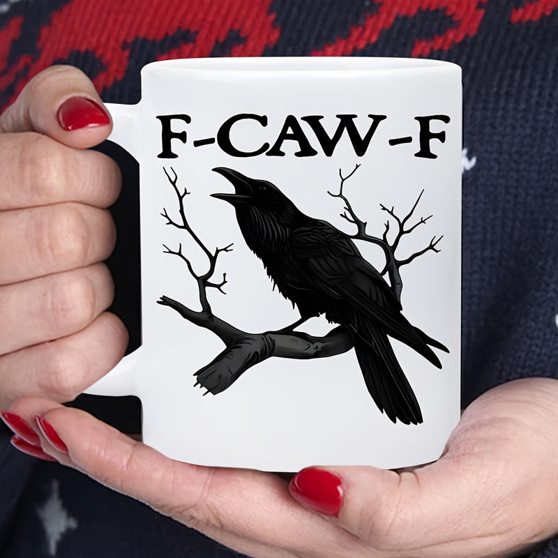 Tailorly White Ceramic 11 oz Mug - F Caw F Dark Silhouette Perched Among Bare Branches Under A Cold Sky Raven