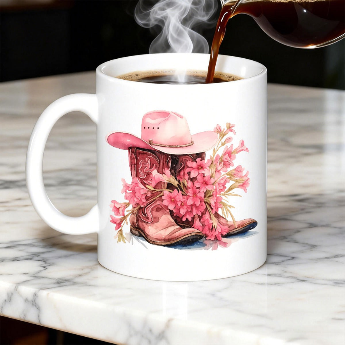 Tailorly White Ceramic 11 oz Mug - Rustic Pink Watercolor Cowboy Hat And Flowers Nestled Inside Vintage Western Boots