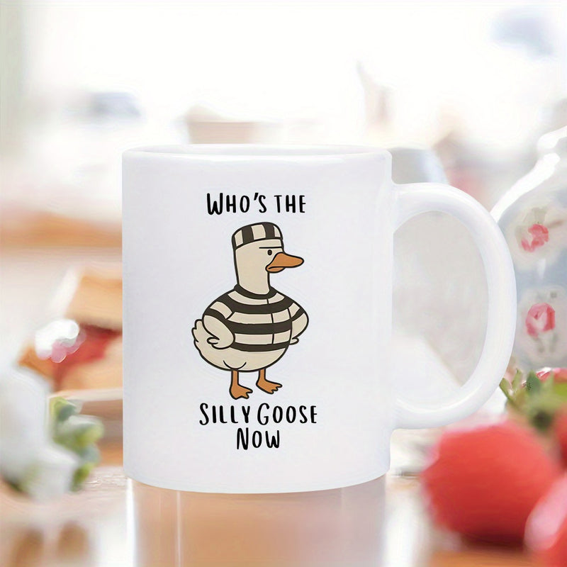 Tailorly White Ceramic 11 oz Mug - Whos The Silly Goose Now Funny Cartoon Bird Wearing Black And White Striped Prisoner Outfit Standing Still Goose
