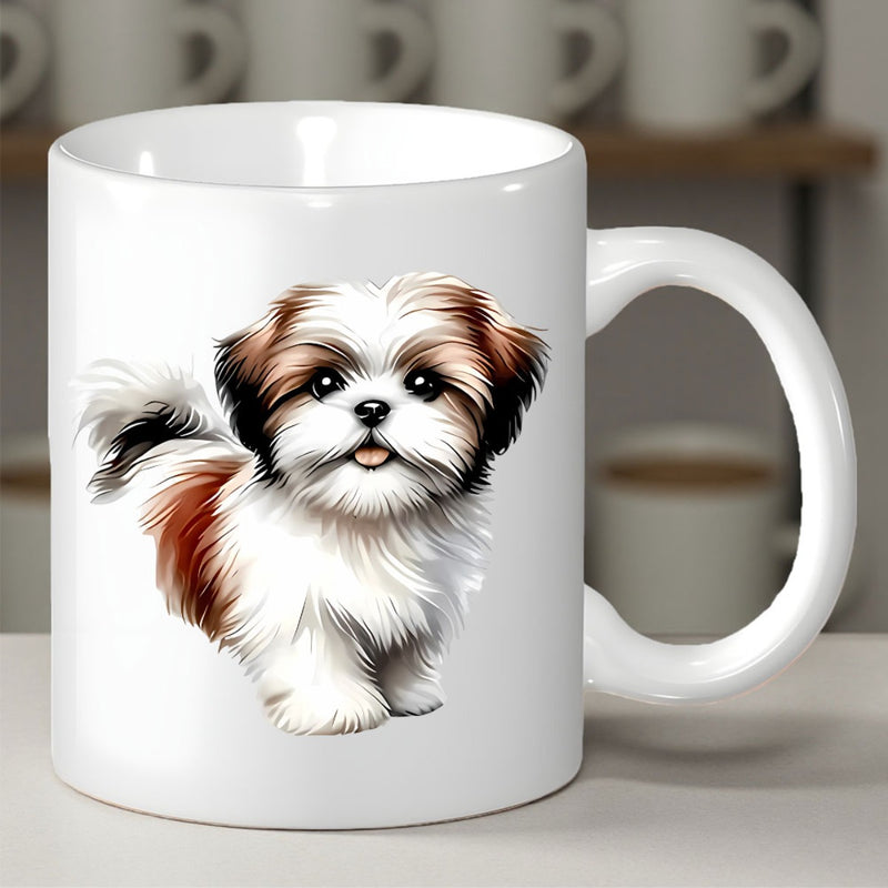Tailorly White Ceramic 11 oz Mug - Adorable Fluffy Brown And White Puppy Sitting Gracefully On Pure White Dog