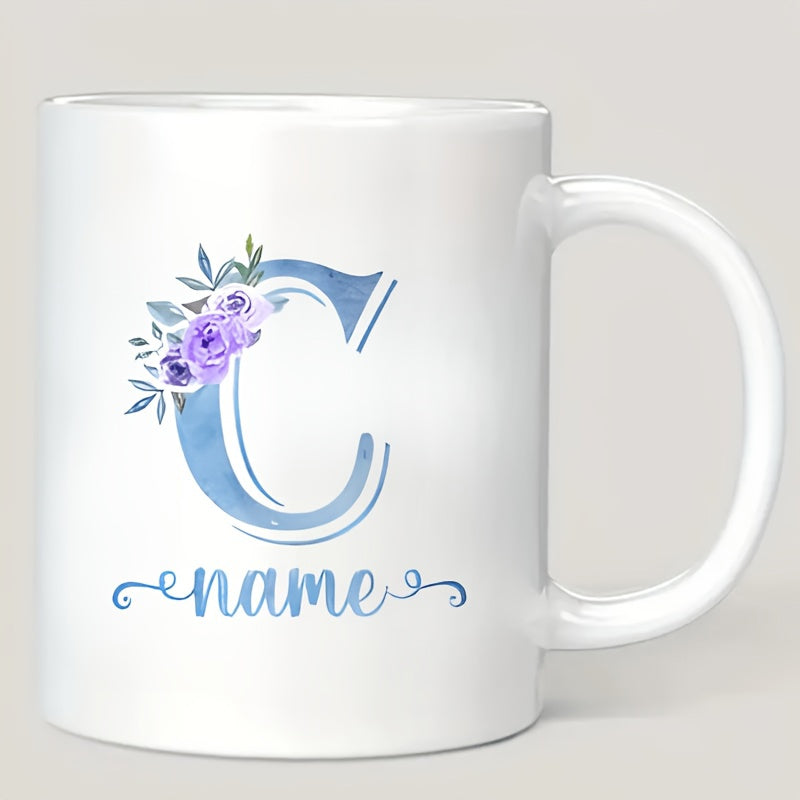 Tailorly White Ceramic 11 oz Mug - Name Watercolor Light Blue Letter C With Elegant Purple Floral Bouquet Monogram