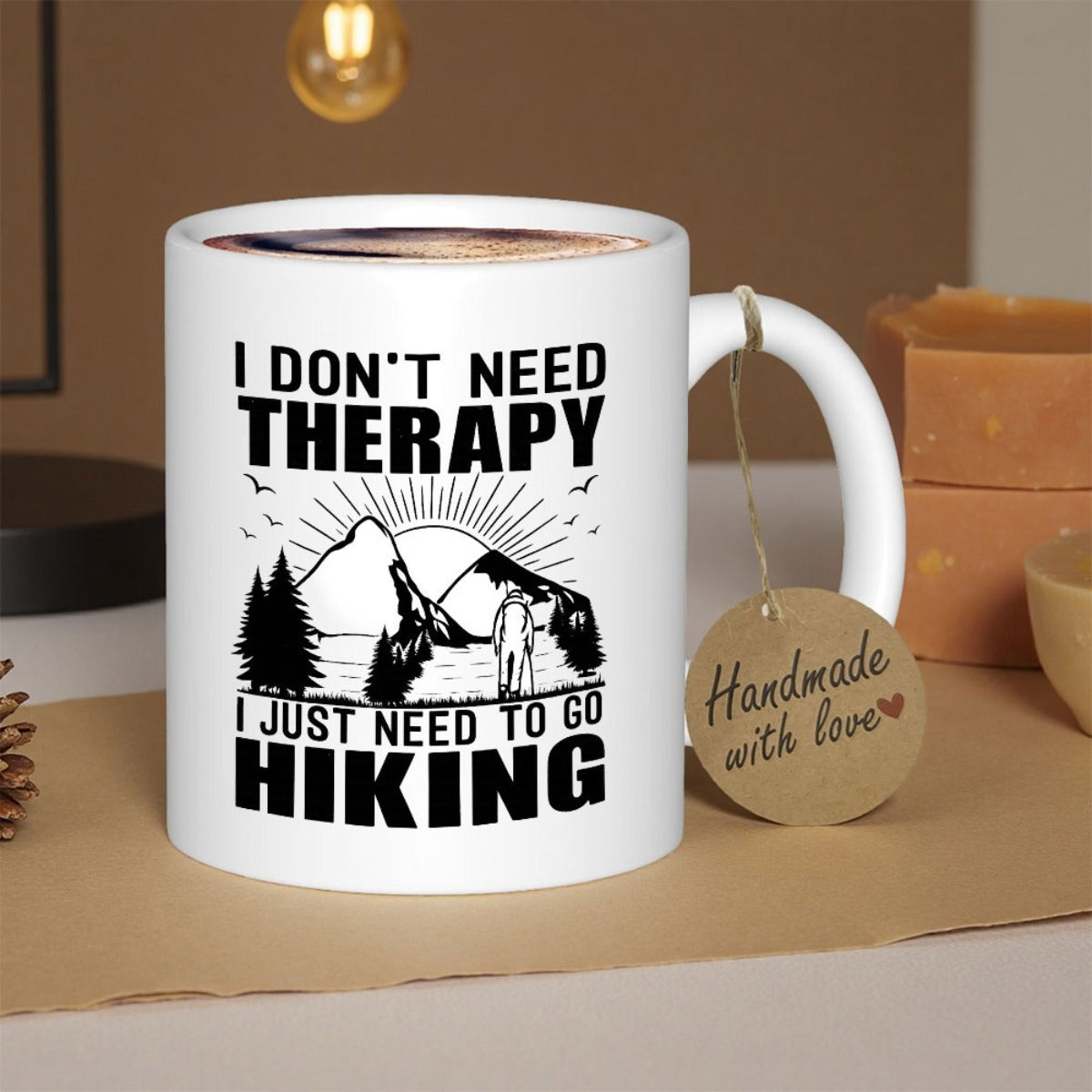 Tailorly White Ceramic 11 oz Mug - I Don't Need Therapy I Just Need To Go Hiking Majestic Mountains Featuring Pine Trees And Sun Rays With Flying Birds Mountain
