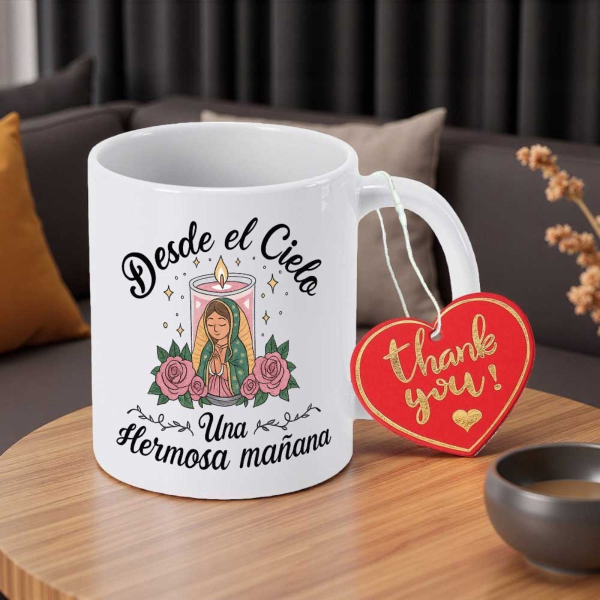 Tailorly White Ceramic 11 oz Mug - Thank You Holy Virgin Mary Surrounded By Pink Roses Under A Glowing Candle Portrait
