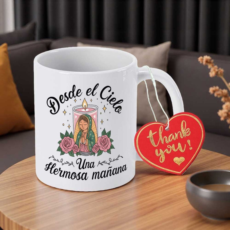 Tailorly White Ceramic 11 oz Mug - Thank You Holy Virgin Mary Surrounded By Pink Roses Under A Glowing Candle Portrait
