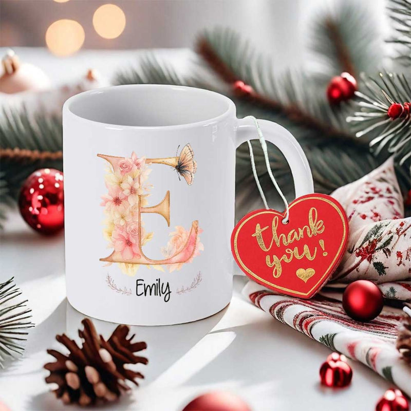 Tailorly White Ceramic 11 oz Mug - Emily Elegant Watercolor Flowers Blooming Inside A Capital Letter With Butterflies Mug