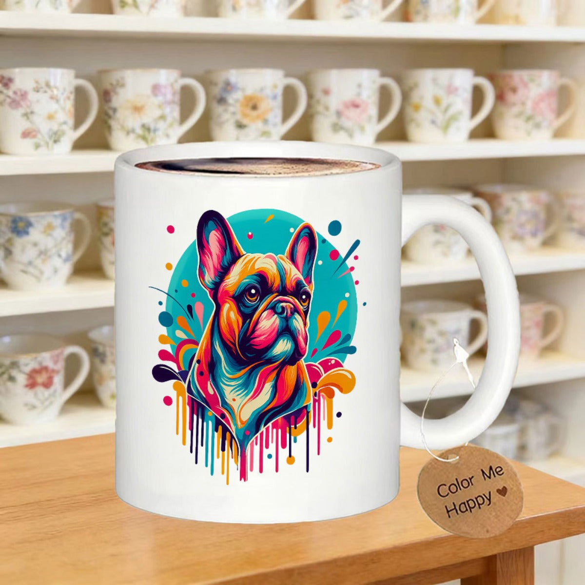 Tailorly White Ceramic 11 oz Mug - Color Me Happy Vibrant Colorful Artistic Design Featuring Multi Colored Paint Drips Background Bulldog