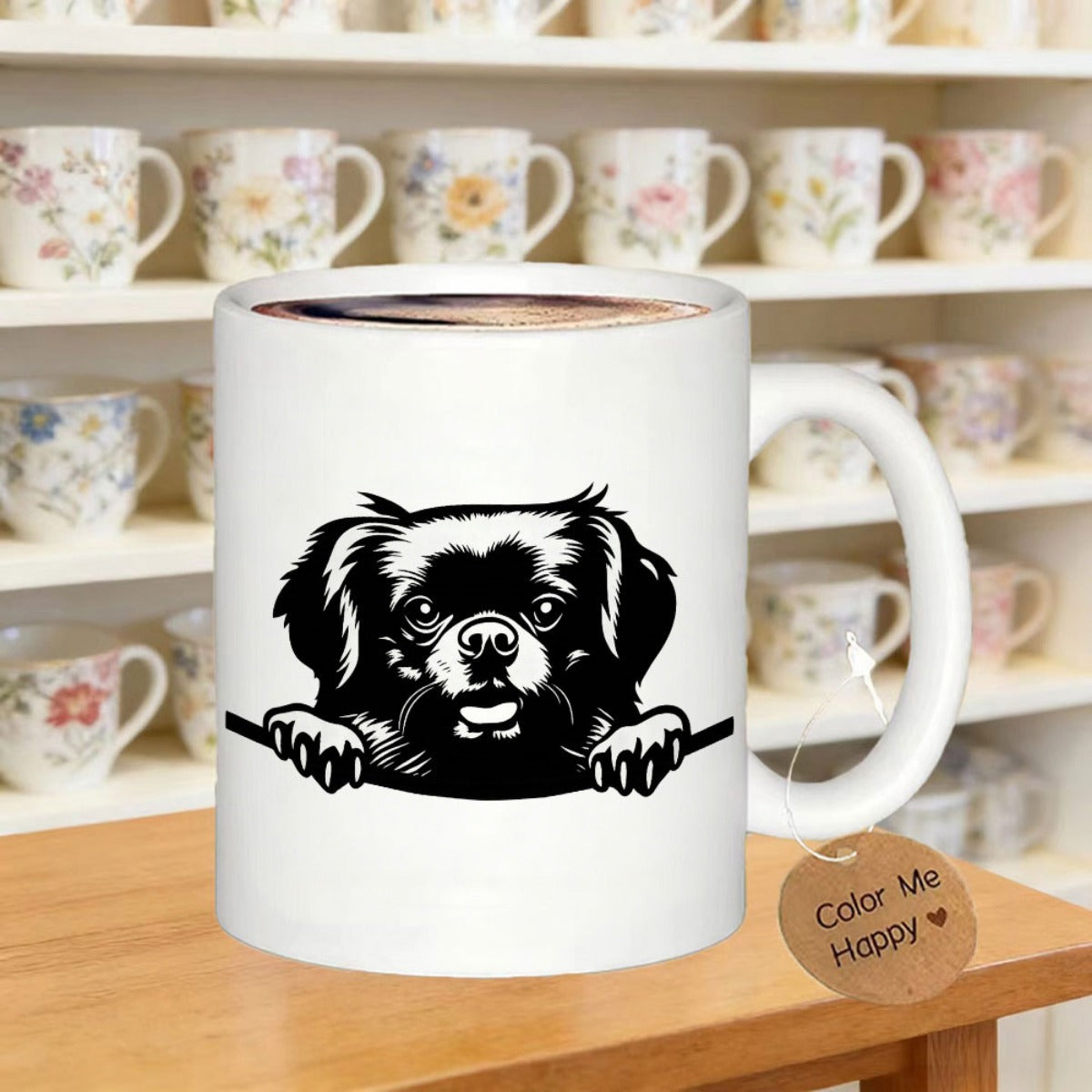 Tailorly White Ceramic 11 oz Mug - Color Me Happy Hand Drawn Artistic Black And White Peeking Over A Edge Pekingese