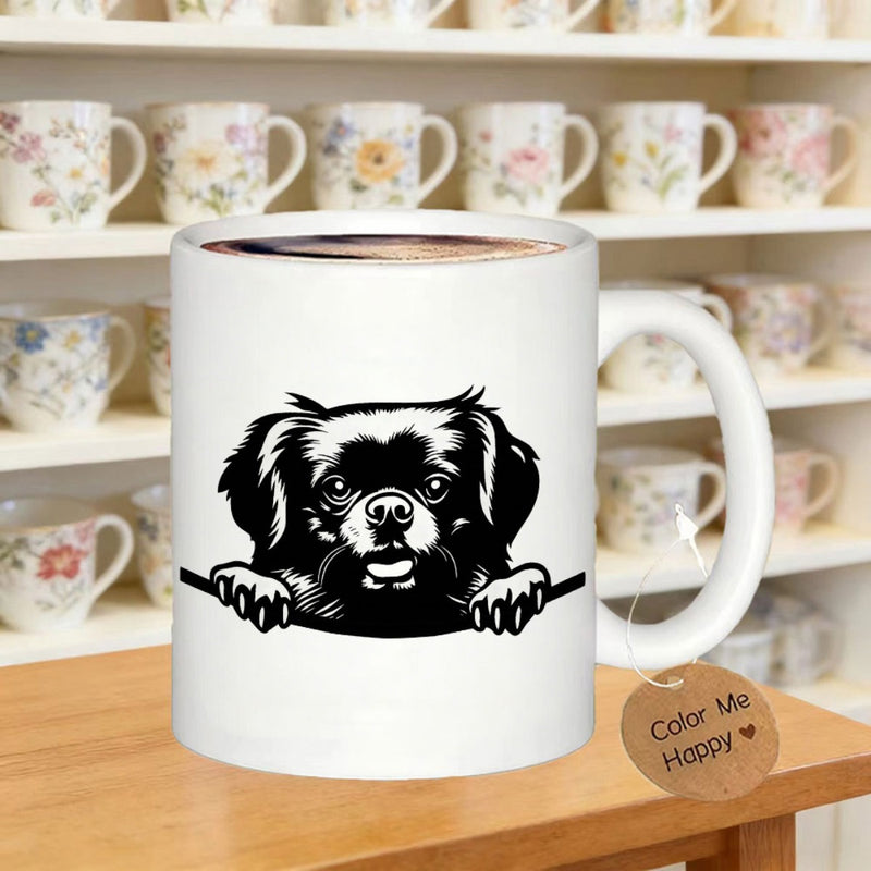 Tailorly White Ceramic 11 oz Mug - Color Me Happy Hand Drawn Artistic Black And White Peeking Over A Edge Pekingese