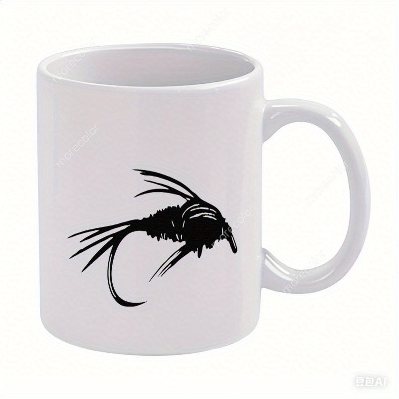 Tailorly White Ceramic 11 oz Mug - Detailed Minimalist Black Silhouette Artistic Hook For Outdoor Fly Fishing Lure