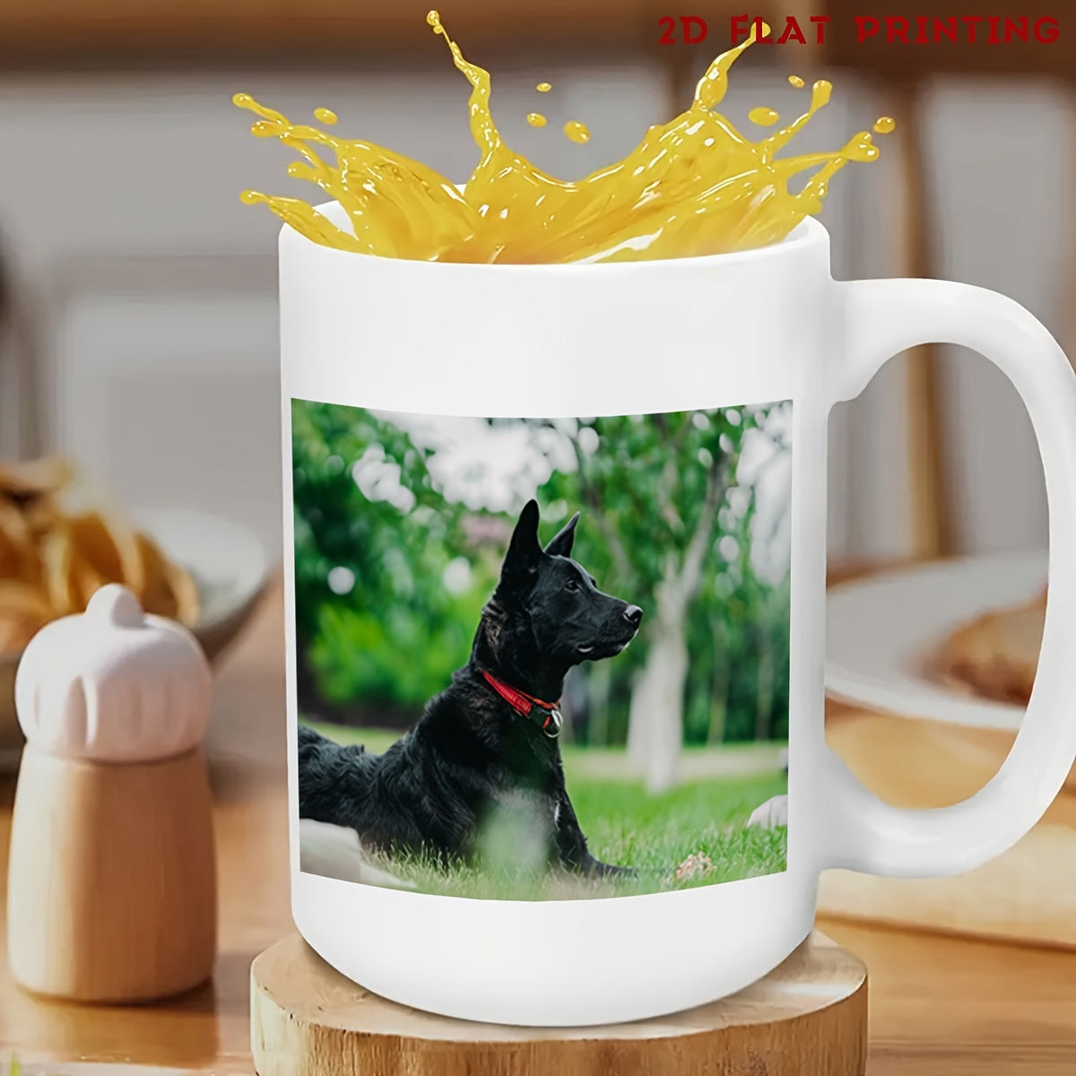 Tailorly White Ceramic 11 oz Mug - Majestic Black Dog Wearing Red Collar Resting In Green Sunny Garden Dog