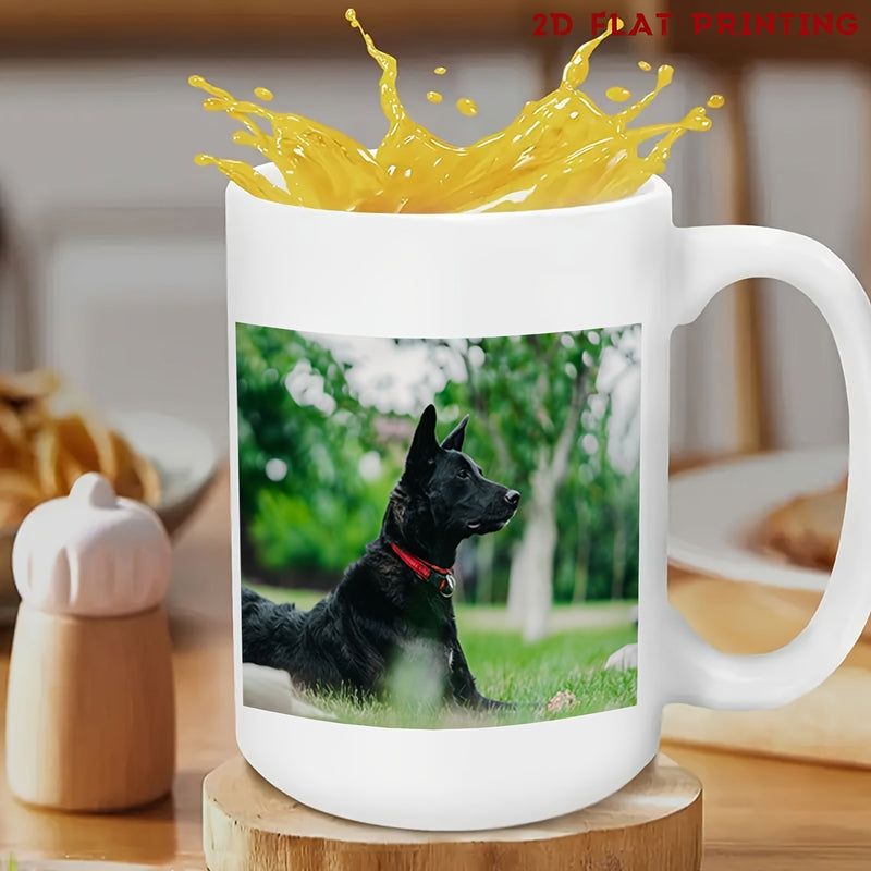 Tailorly White Ceramic 11 oz Mug - Majestic Black Dog Wearing Red Collar Resting In Green Sunny Garden Dog