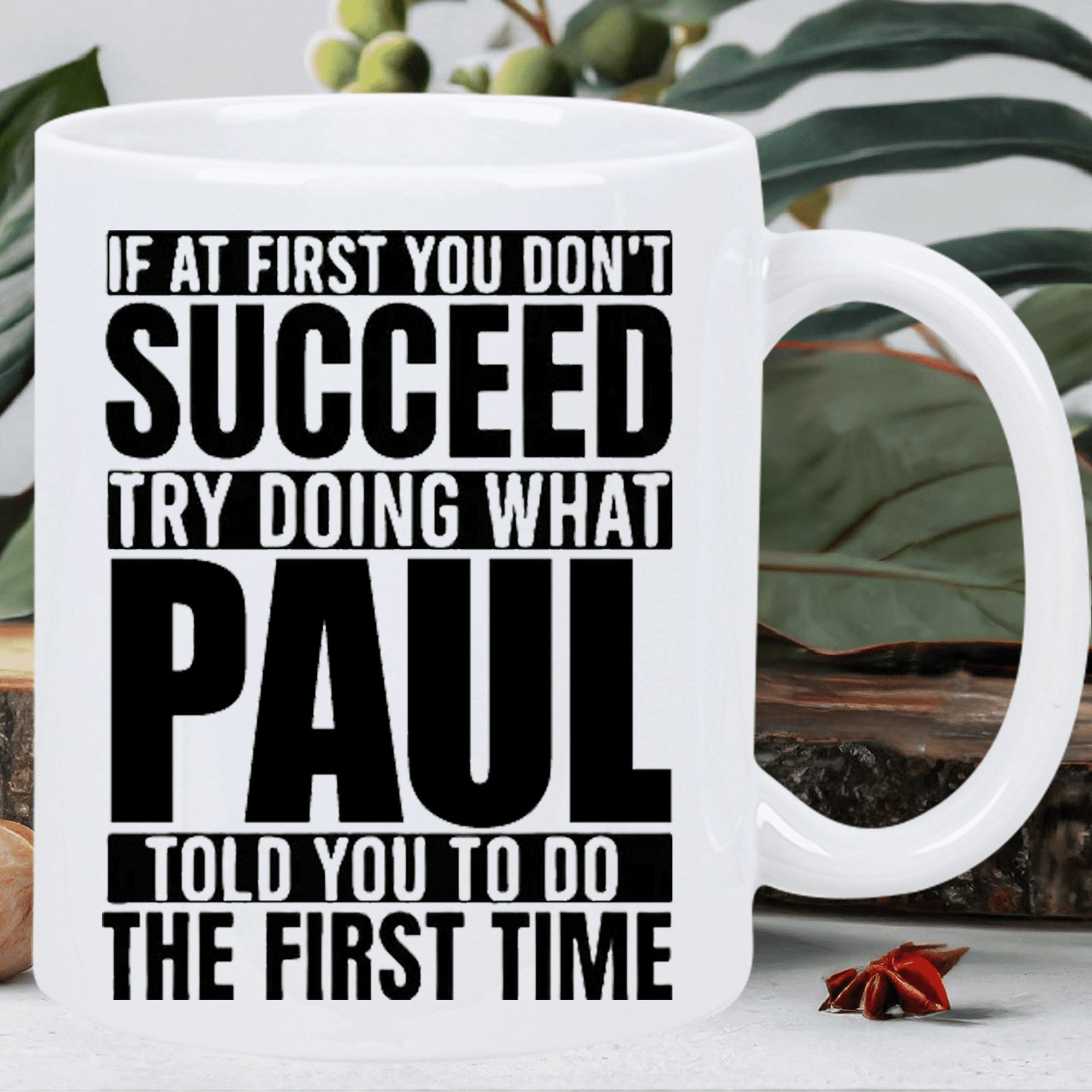 Tailorly White Ceramic 11 oz Mug - If At First You Dont Succeed Try Doing What Paul Told You To Do The First Time Bold Black Text Featuring Minimalist Layout With