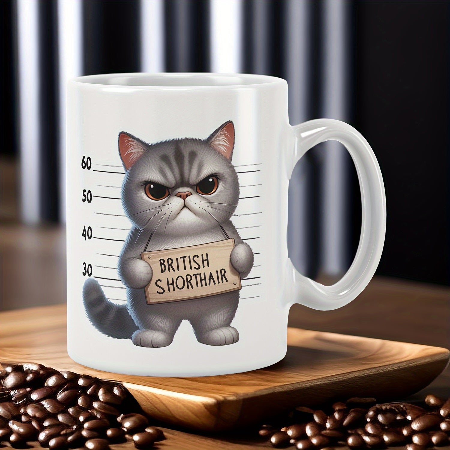 Tailorly White Ceramic 11 oz Mug - British Shorthair Grumpy Grey Kitty Holding A Sign Against Measurement Background Mugshot Cat