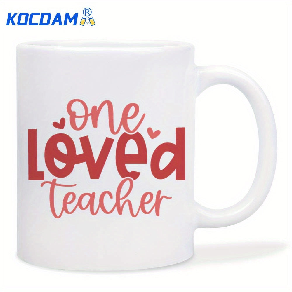 Tailorly White Ceramic 11 oz Mug - One Loved Teacher Decorative Cursive Script With Two Small Hearts On White Background Mug