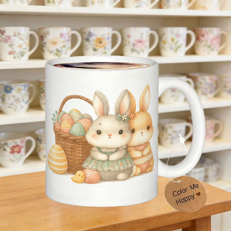 Tailorly White Ceramic 11 oz Mug - Color Me Happy Adorable Hand Painted Watercolor Bunnies Beside Woven Basket With Easter Eggs Bunny