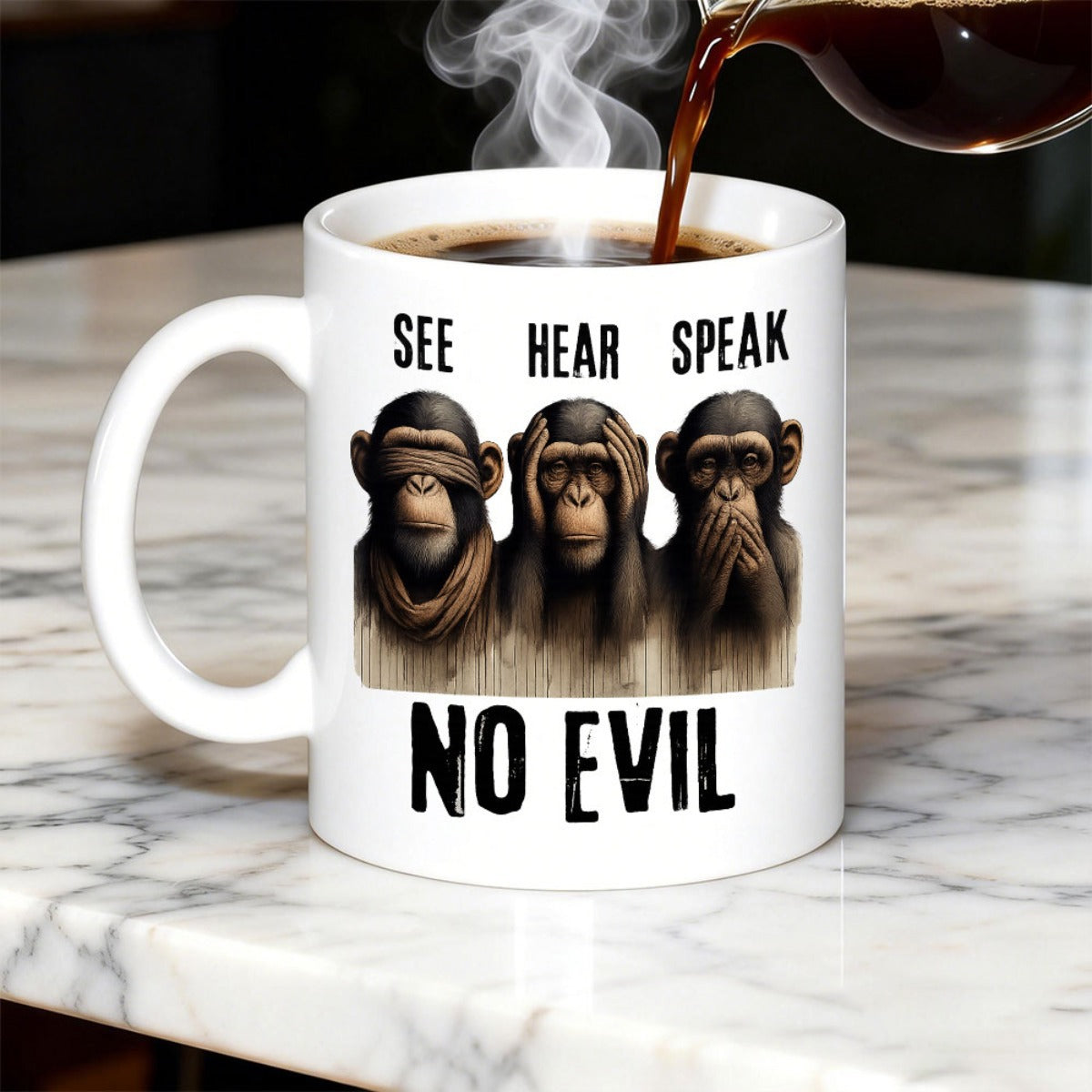 Tailorly White Ceramic 11 oz Mug - See Hear Speak No Evil Three Wise Monkeys Covering Eyes Ears And Mouth In Artistic Style Monkey
