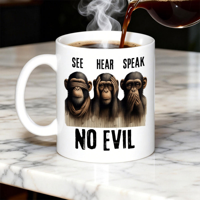 Tailorly White Ceramic 11 oz Mug - See Hear Speak No Evil Three Wise Monkeys Covering Eyes Ears And Mouth In Artistic Style Monkey