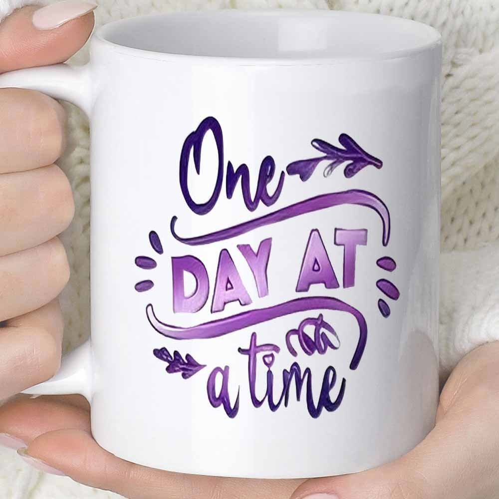 Tailorly White Ceramic 11 oz Mug - One Day At A Time Elegant Purple Gradient Lettering With Decorative Leaves And Swirls Design