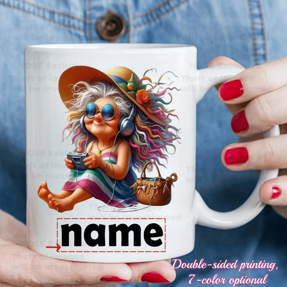 Tailorly White Ceramic 11 oz Mug - Name Cool Elderly Woman With Colorful Hair Wearing Sunglasses And Hat Woman